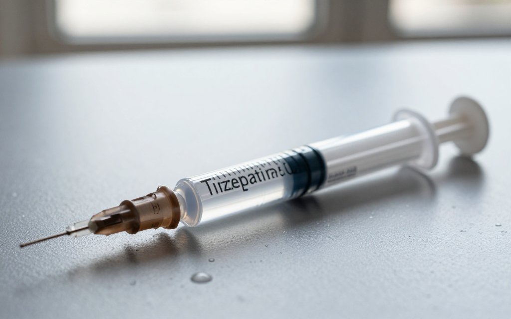 Macro close-up of a tirzepatide pen and syringe beside a tirzepatide dosage chart reference