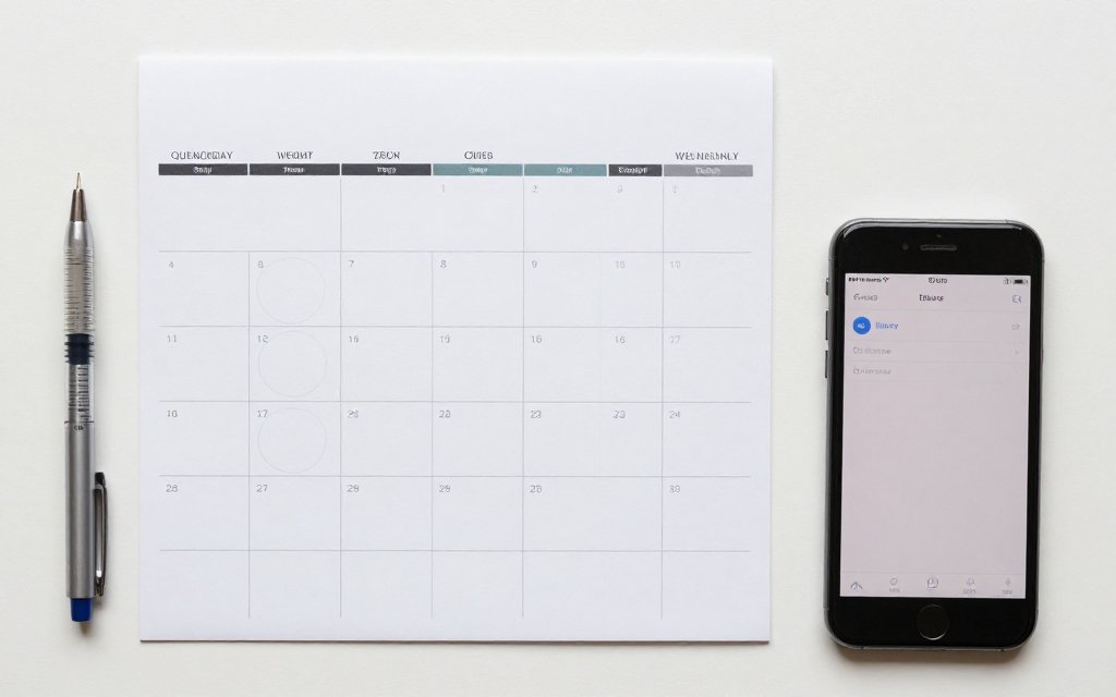 Weekly calendar and phone tracking app showing the four-week gap in a tirzepatide titration schedule