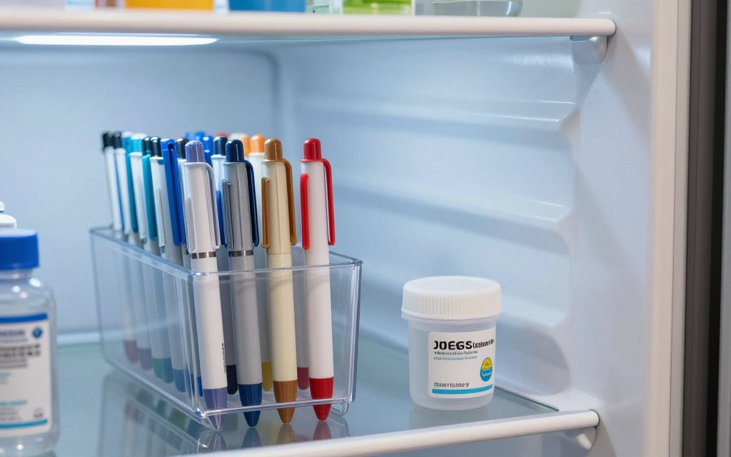 Medication pens stored in a refrigerator as part of tracking supplies for a Zepbound dose schedule