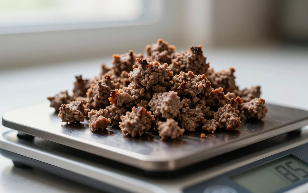 Cooked ground beef on a scale showing an 85 gram ground beef serving size