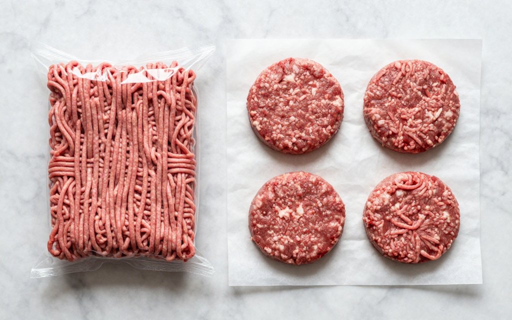 One pound of raw beef split into four portions showing ground beef portion size