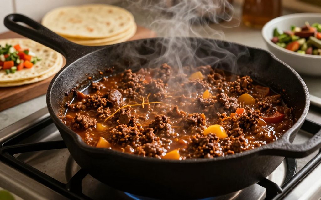 Seasoned taco meat in a skillet showing how much ground beef per person for tacos