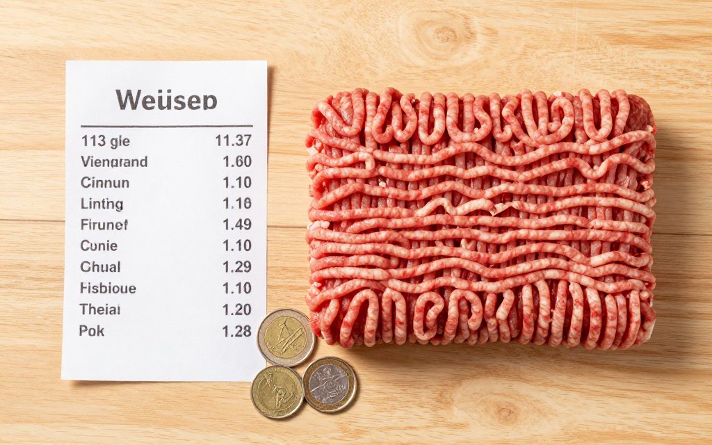 A weighed beef portion beside a price tag showing what a ground beef serving costs