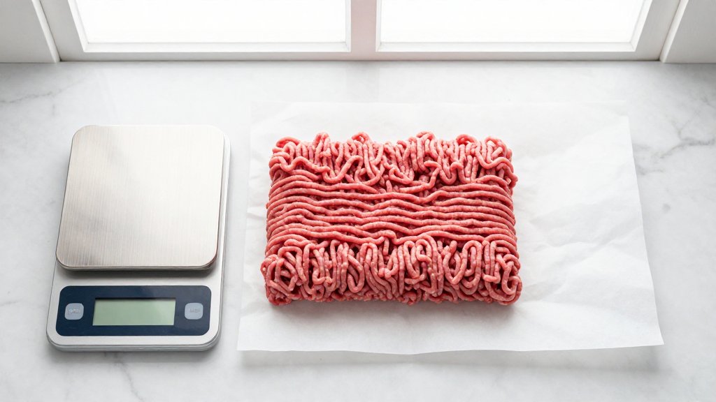 Raw one pound of ground beef beside a kitchen scale showing a ground beef serving size