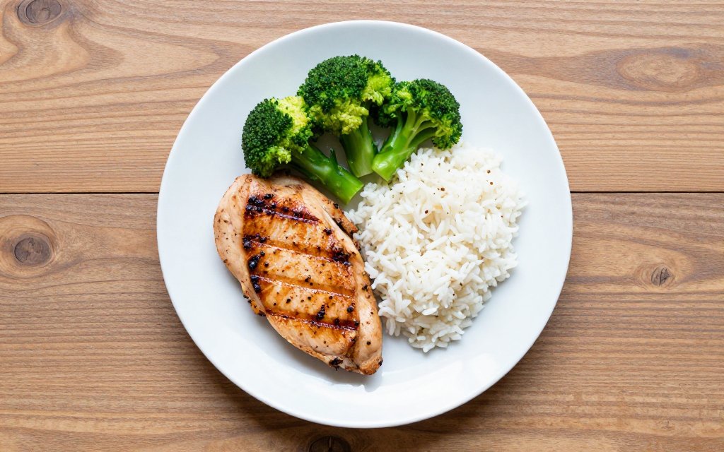 Top down balanced dinner plate with a hand nearby for portion sizes comparison