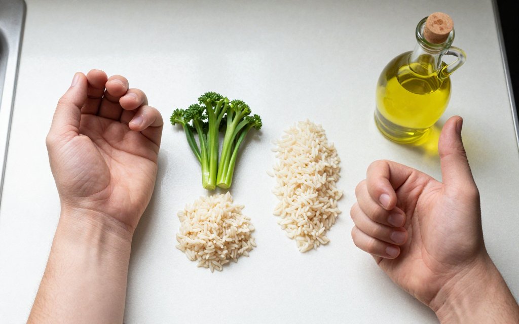 Palm, fist, cupped hand and thumb shown beside food for hand portion sizes