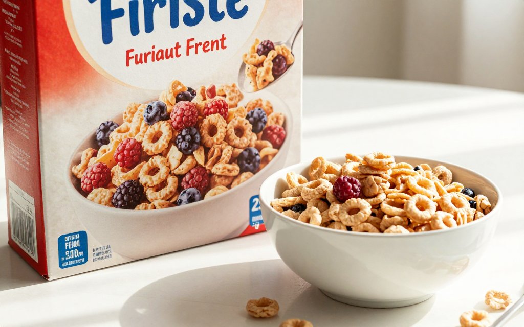 Cereal bowl next to its label showing portion size and serving size difference