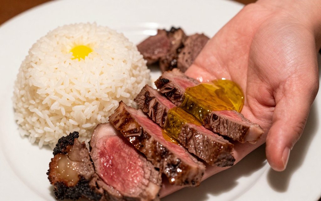 Chicken, white rice and steak plated with hand cues from a portion size chart