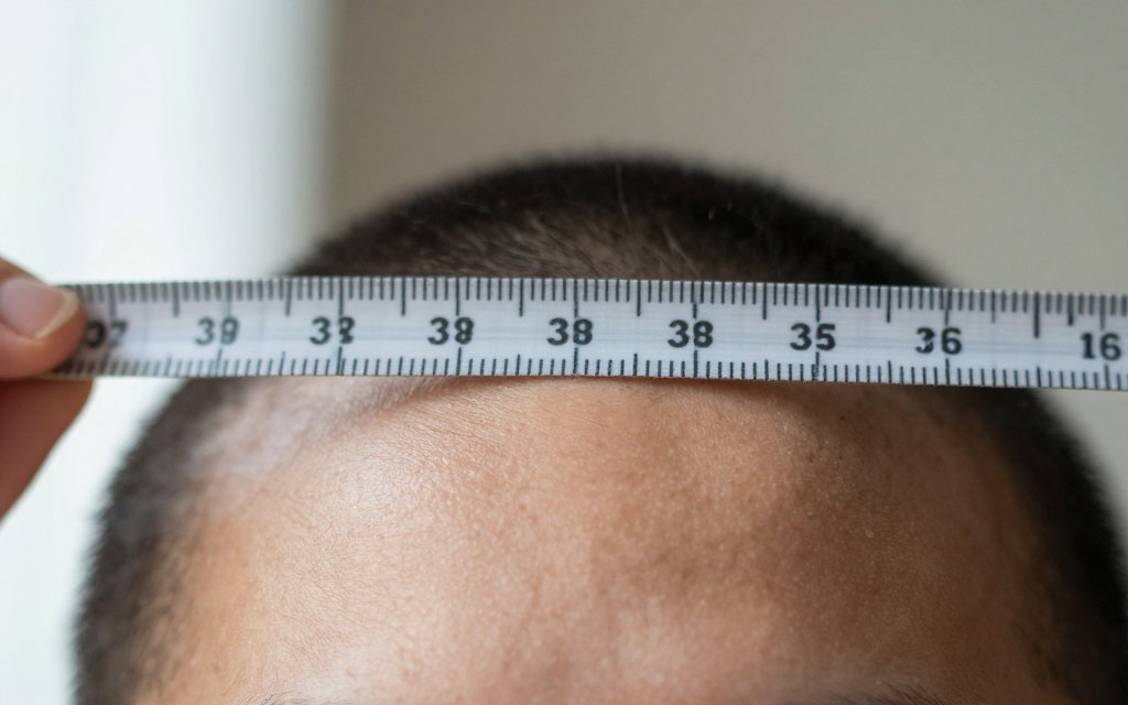 Tape measure held across the forehead at its widest point