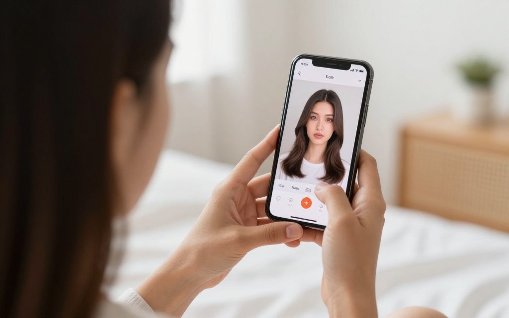 Woman using a hairstyle try-on app on her own selfie