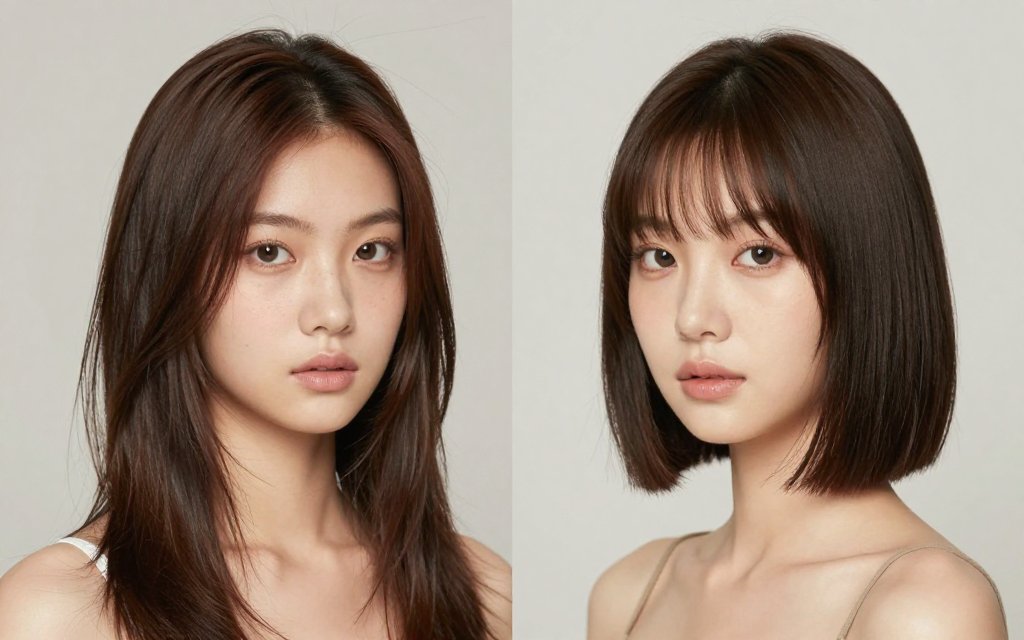 Before and after haircut comparison for the same woman