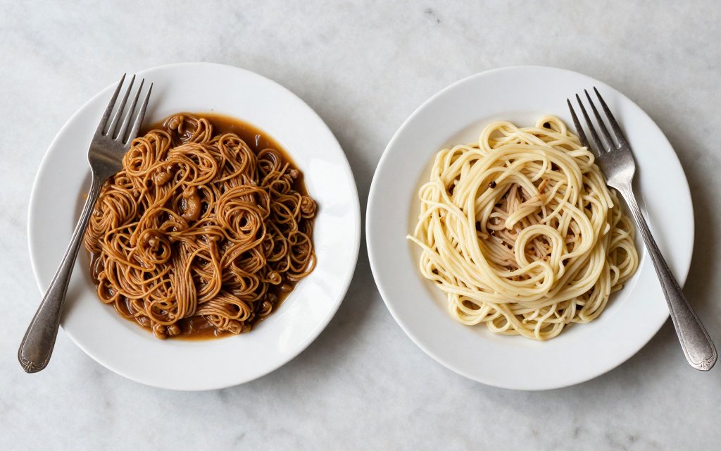 Two plates compared to show what a calorie deficit for weight loss looks like
