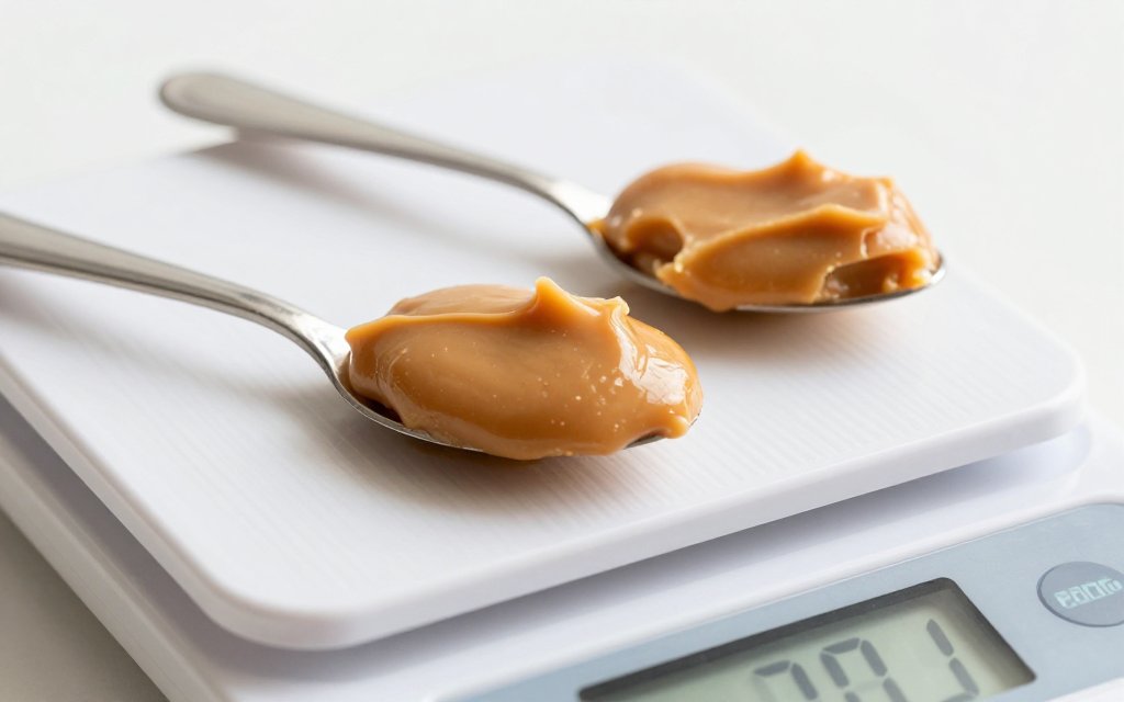 Macro view of two tablespoons of peanut butter on a digital scale showing a 32 gram serving