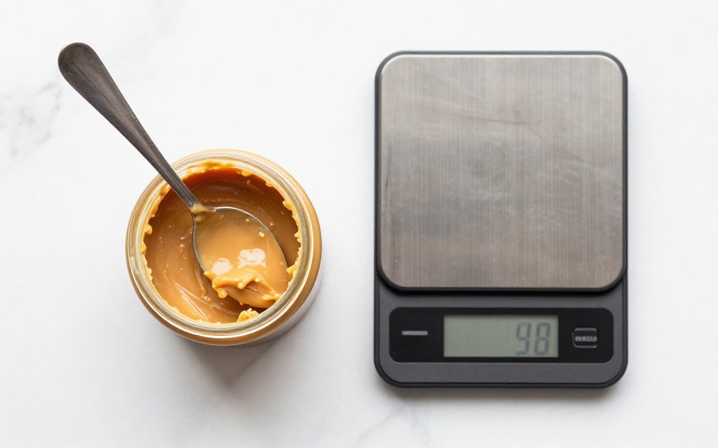 Top down view of a tablespoon of peanut butter beside a scale, showing how many grams in a tablespoon