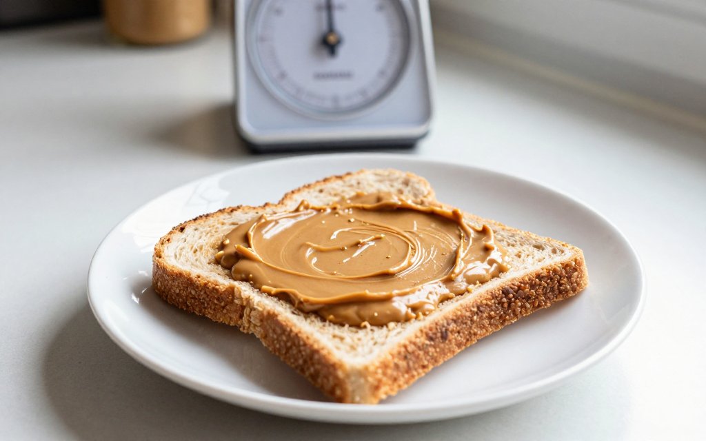 Peanut butter spread on toast beside a food scale, illustrating protein in 2 tablespoons of peanut butter
