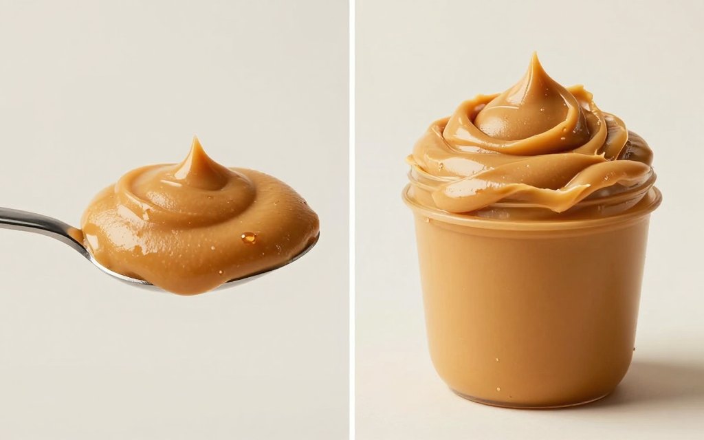 A level spoon versus a heaping spoon of peanut butter side by side, showing portion size differences