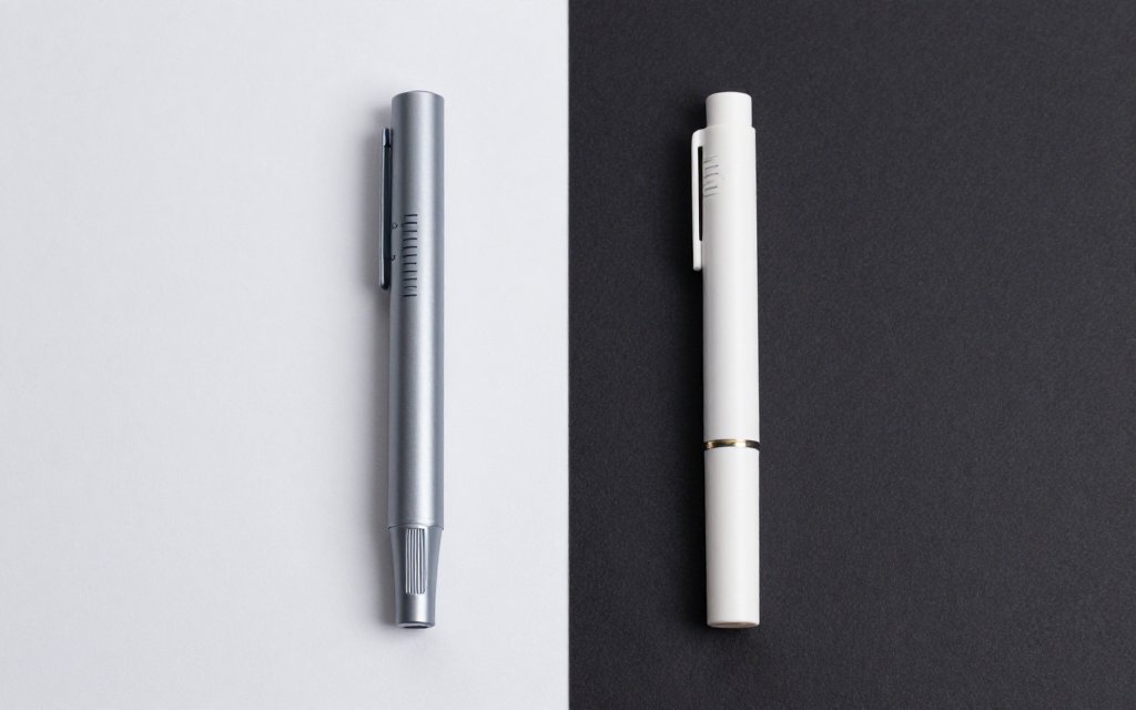 Two injection pens side by side comparing the high and low cost of ozempic per month.