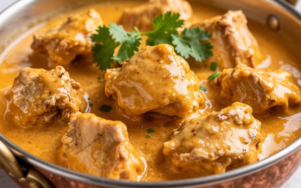 Macro close-up of creamy butter chicken, the dish behind high butter chicken calories