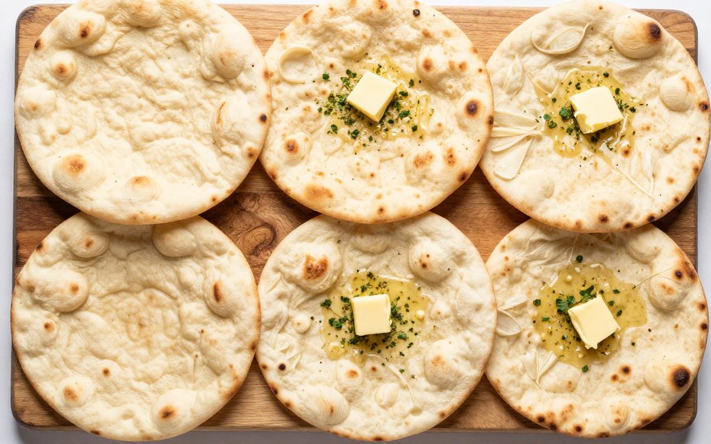 Top down view of naan breads on a board showing why naan calories add up quickly
