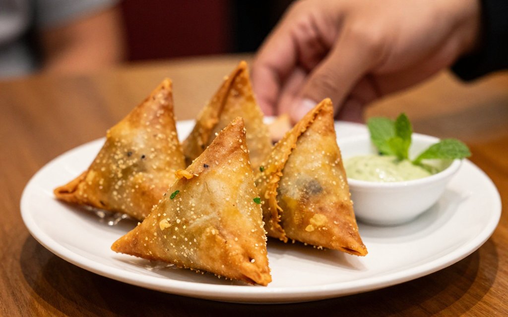 A plate of fried vegetable samosas, a starter with notable samosa calories