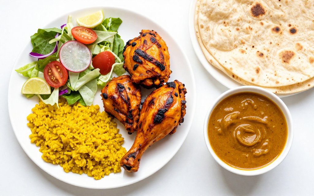 A lighter plate of tandoori chicken and dal, among the healthiest Indian dishes to order