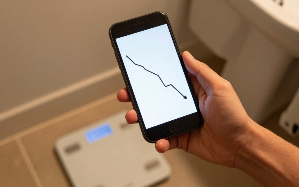 Hand holding a phone with a downward trend chart for tracking Ozempic results.