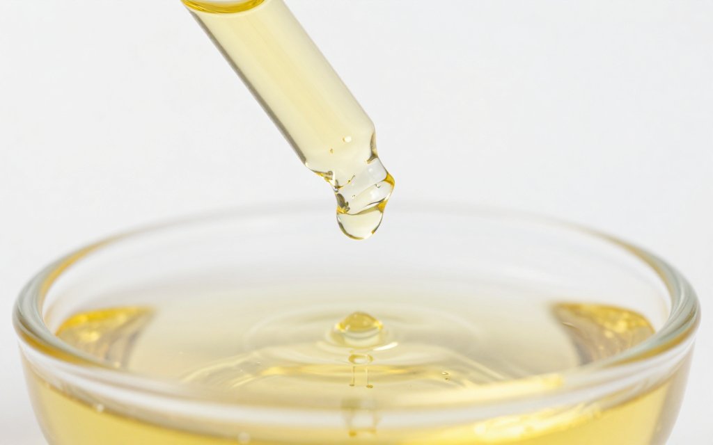 Macro shot of rosemary essential oil dropping into carrier oil for a hair growth scalp treatment.