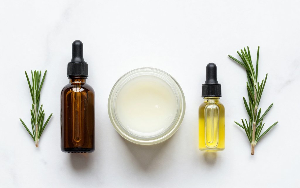Flat-lay of rosemary oil with jojoba and coconut carrier oil for a hair growth routine.