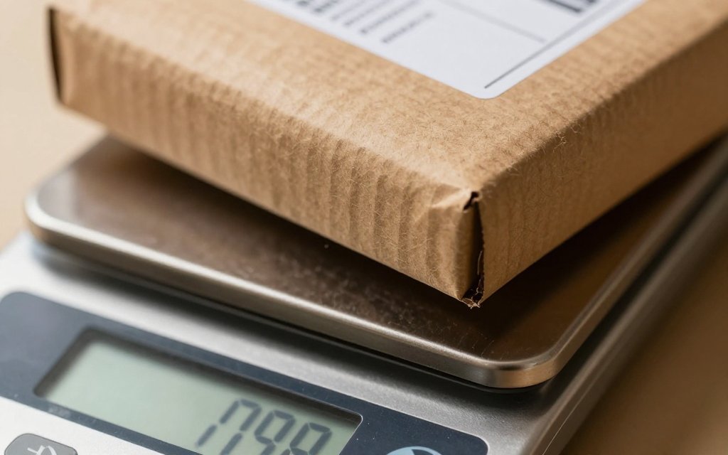 Macro view of a small package on a digital postal scale showing how weight sets USPS shipping prices.