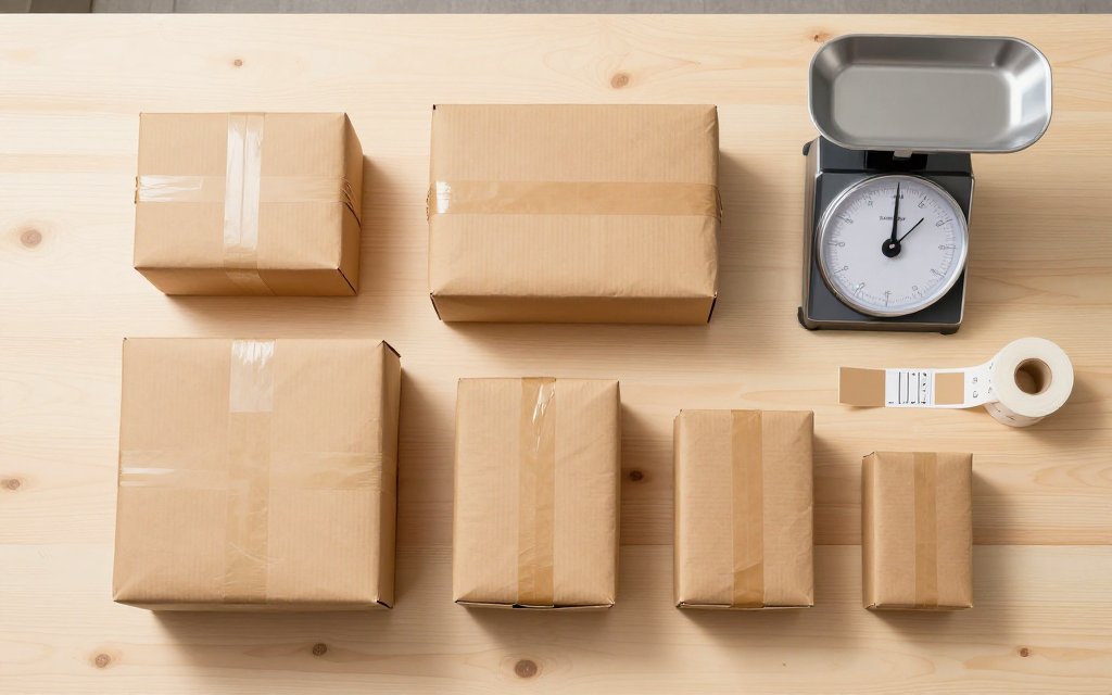 Top down flat lay of parcels of increasing size next to a postal scale and shipping labels.