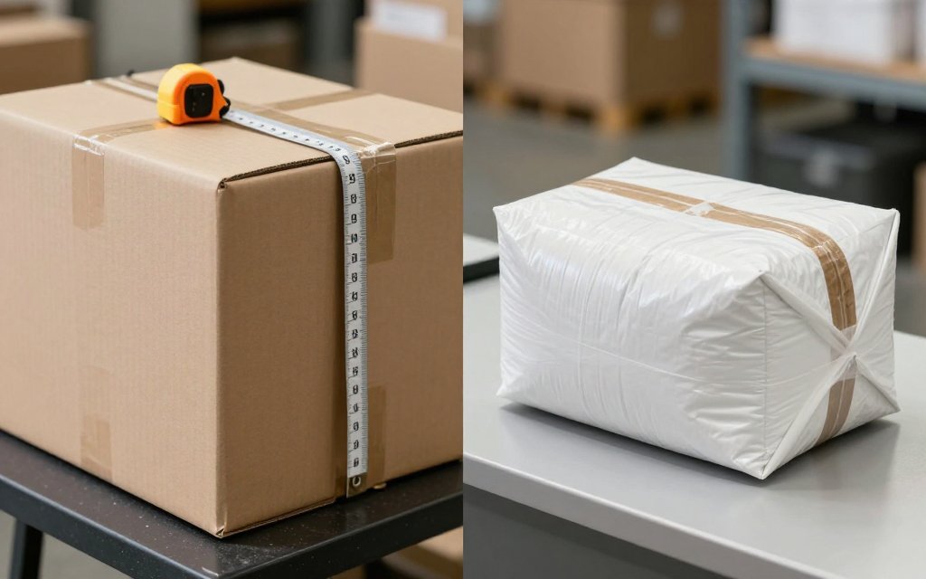A large light box beside a small heavy package showing how dimensional weight usps pricing works.