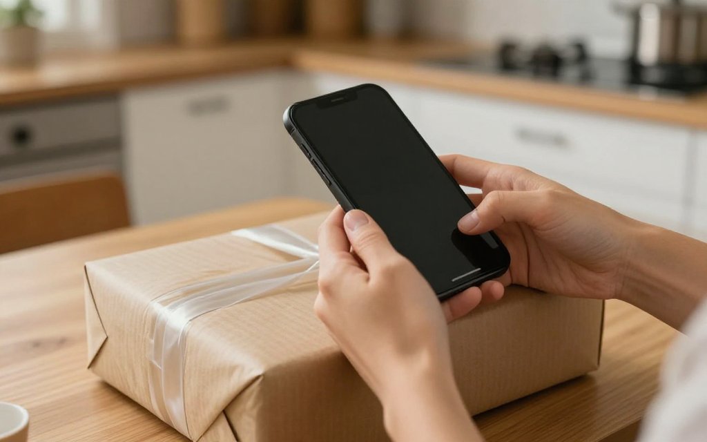 Hands using a phone to estimate a parcel weight before checking USPS shipping rates by weight.