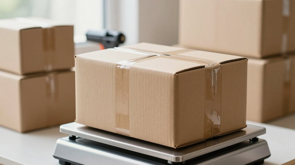 A brown parcel on a postal scale beside stacked shipping boxes, illustrating usps shipping rates by weight.