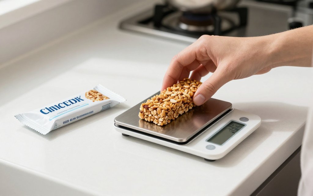 Weighing a granola bar to check calories per serving against the label