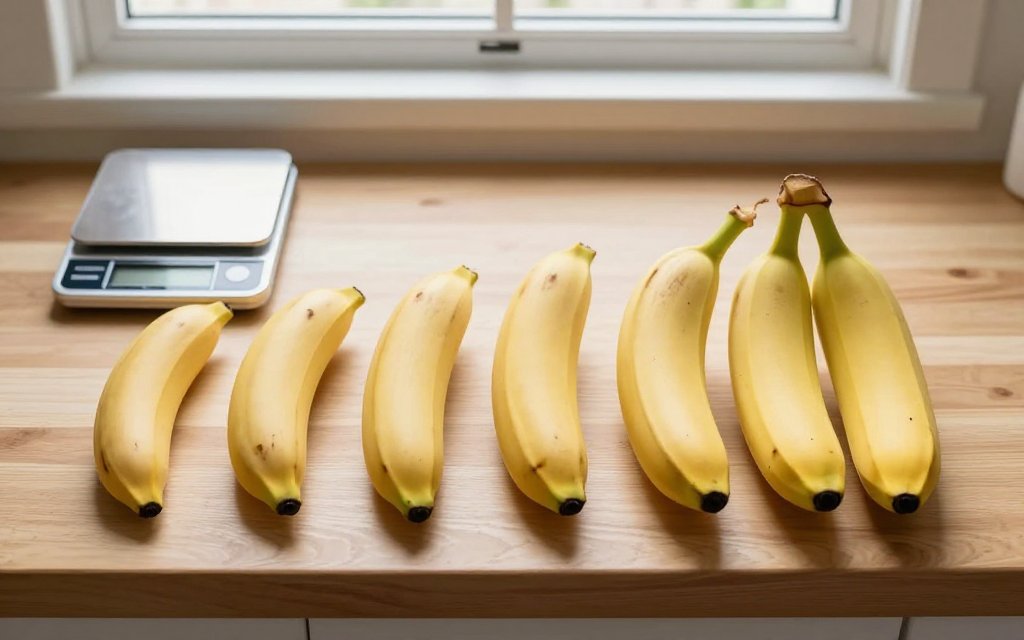 Five bananas of different sizes next to a scale showing how much a banana weighs by size