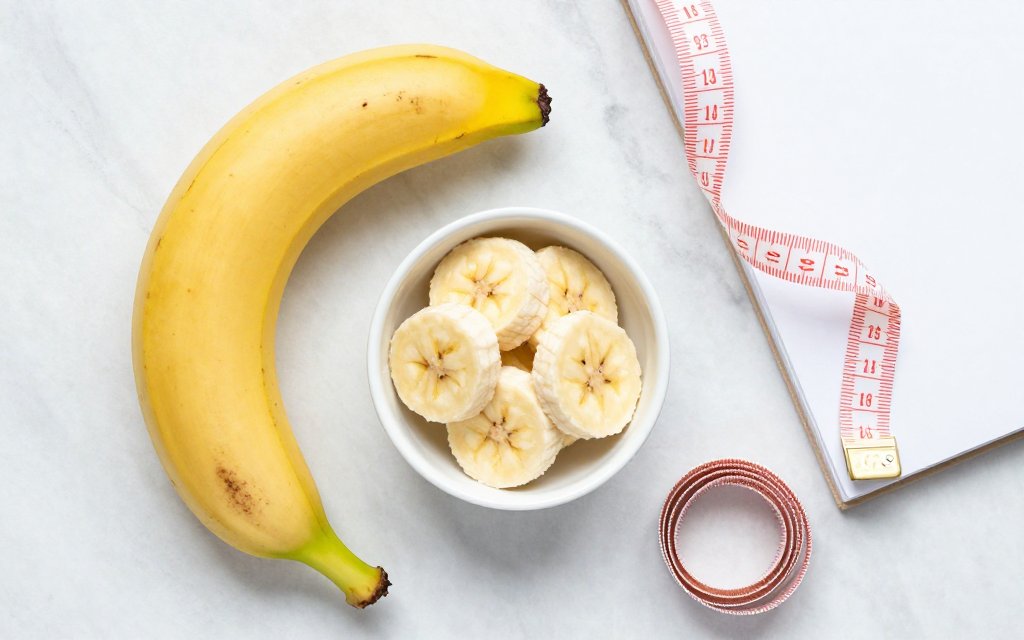 Top down flat lay showing banana nutrition facts with fruit and measuring tools
