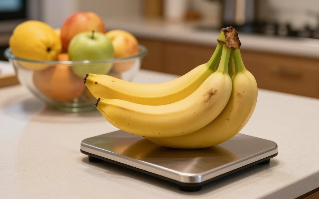 A bunch of bananas on a kitchen scale showing how many bananas are in a pound