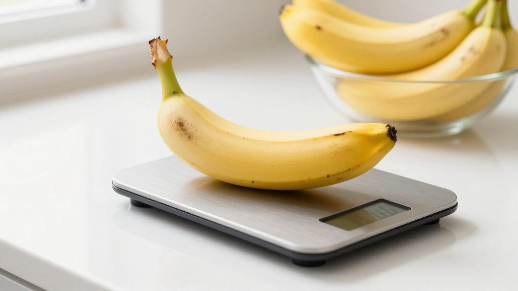 A banana on a digital kitchen scale showing how much a banana weighs in grams