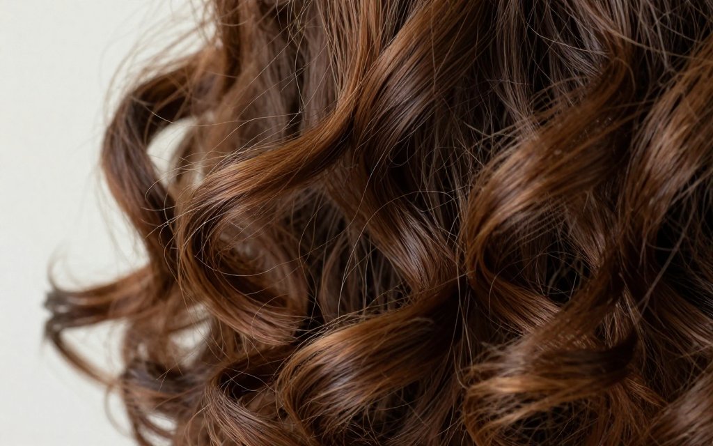 Macro close-up of a soft heatless curls spiral showing the defined wave pattern and shine
