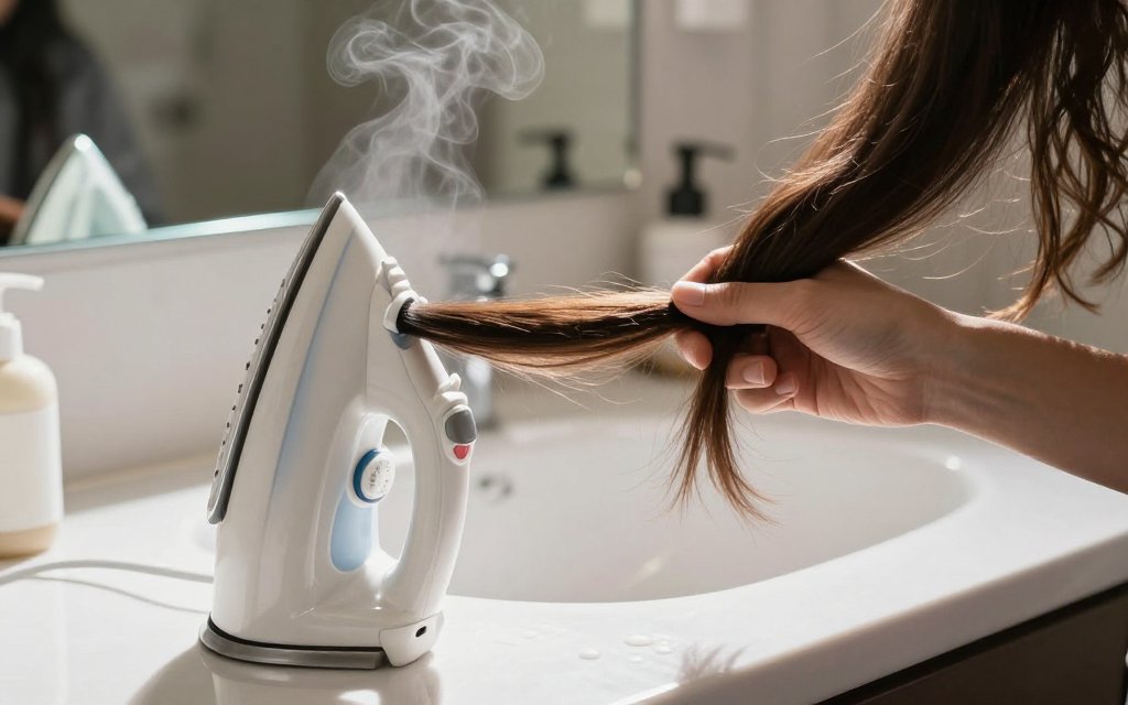 A ceramic flat iron pressing a section of hair, the heat styling that heatless curls avoid