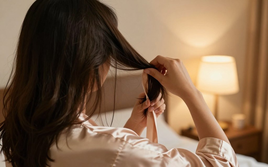 Woman wrapping damp hair around a robe tie at night to set heatless curls overnight