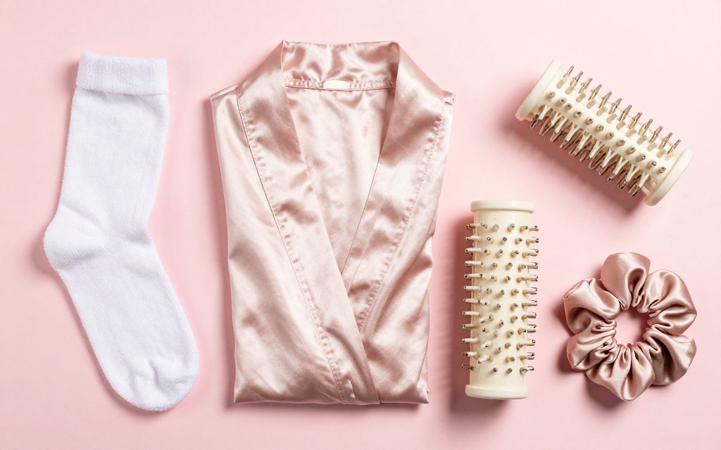 Flat lay of heatless curl tools including socks, a satin robe tie, foam rollers and scrunchies