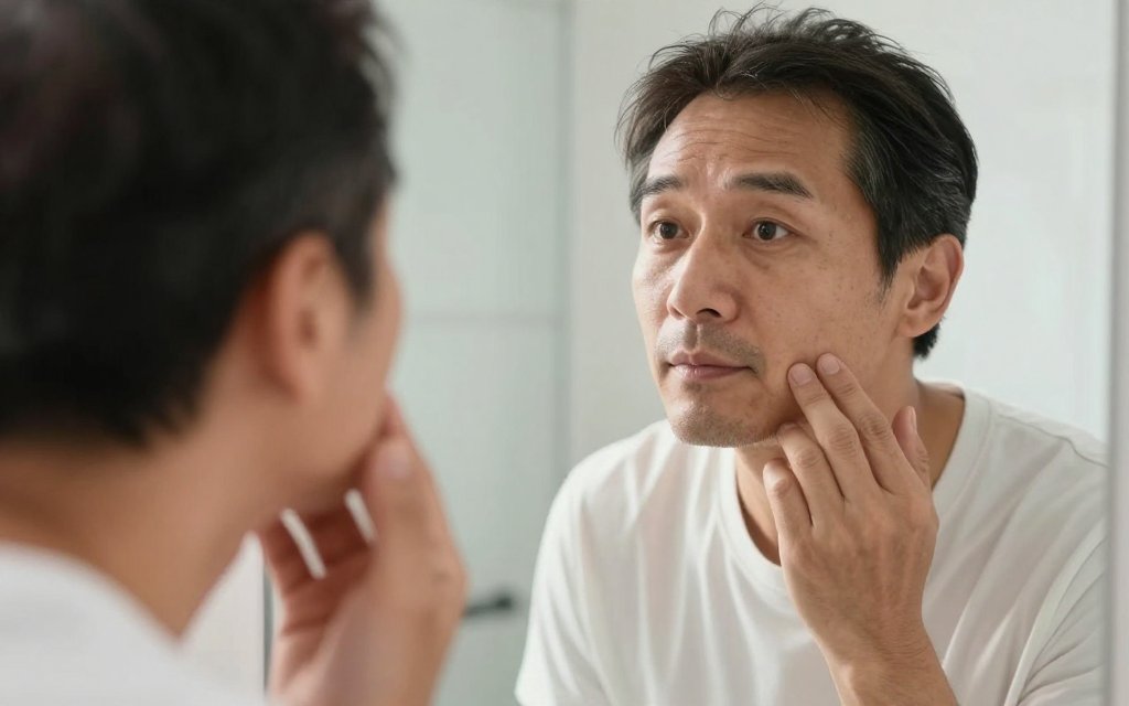 Person checking their face in a mirror, the moment many people first notice Ozempic face.