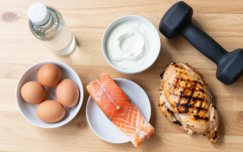 Protein-rich foods, water and a dumbbell, the routine used to help avoid Ozempic face.