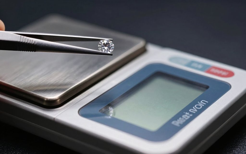 Jeweler tweezers holding a diamond over a precision scale to read its diamond carat weight.