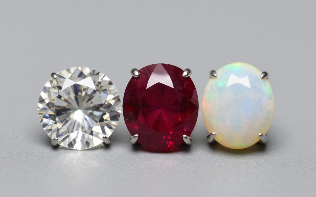 Three same size gemstones compared to show how gemstone weight changes with density.