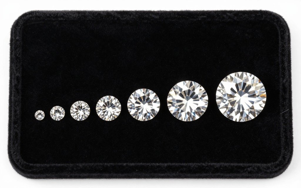 A row of loose round diamonds increasing in size, like a diamond size chart from small to large.