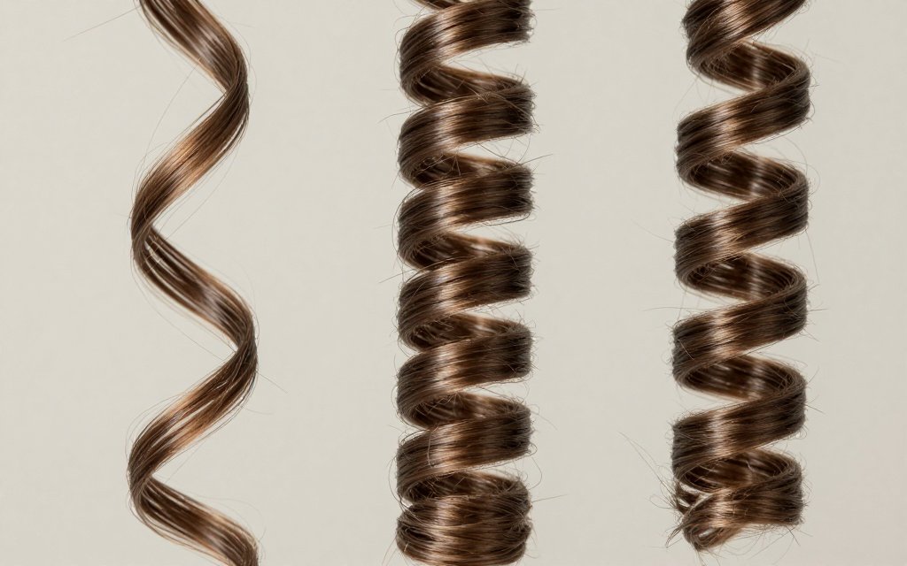 Macro close-up comparing an S wave, a spiral ringlet, and a tight coil curl pattern