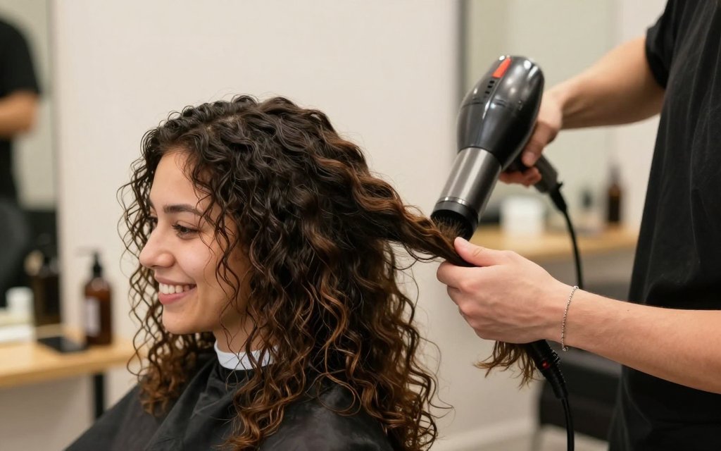 Stylist diffusing loose type 2C wavy hair in a salon