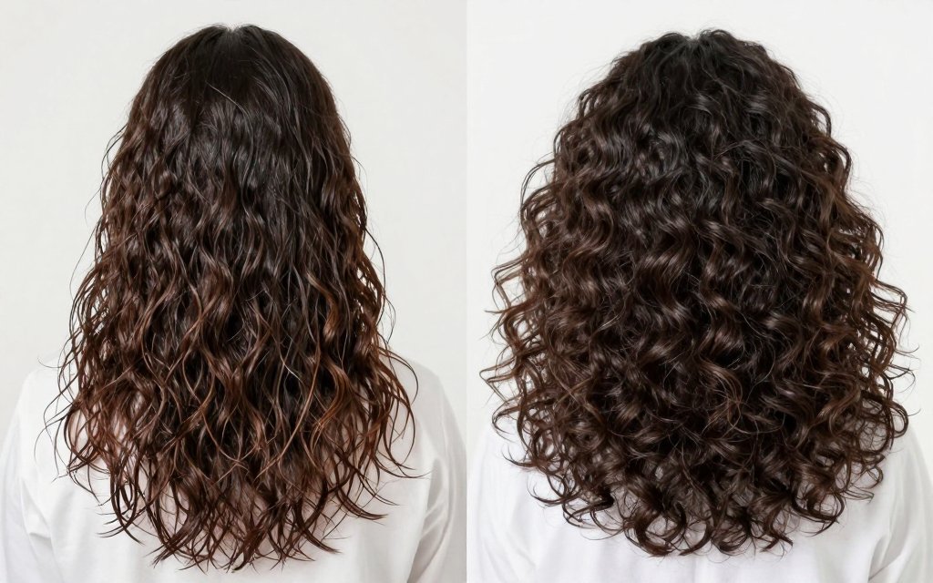 Before and after comparison showing 4C hair shrinkage when wet versus dry